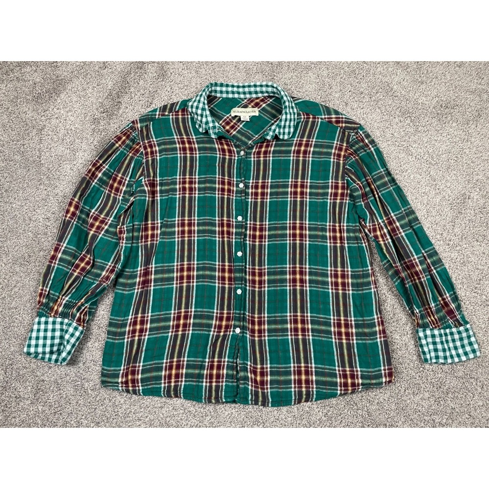 Eliza Faulkner Shirt Womens Large Green Button Down Plaid Cotton Cottage Prairie
